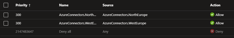 screenshot of Azure portal with two service tags allowed